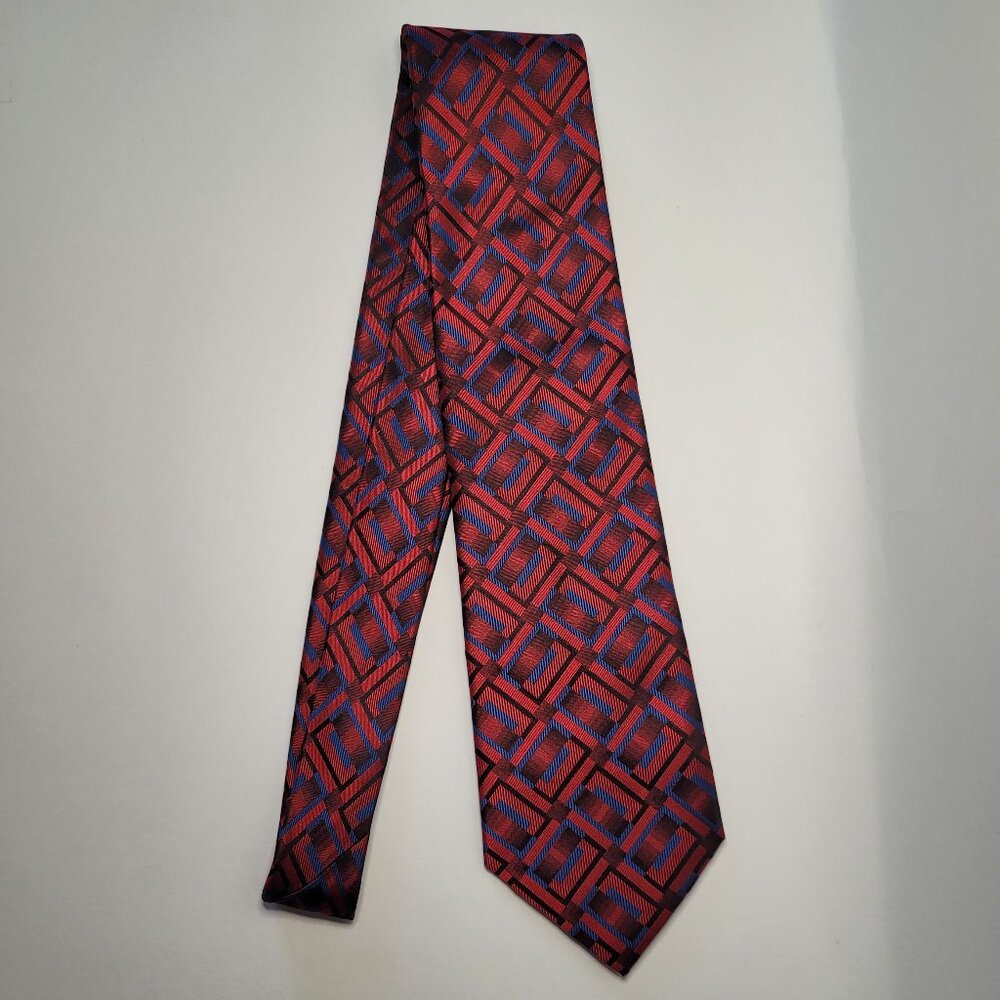 Arrow Mens 100% Silk Necktie Red Blue Geometric Pattern Retro Formal Preppy